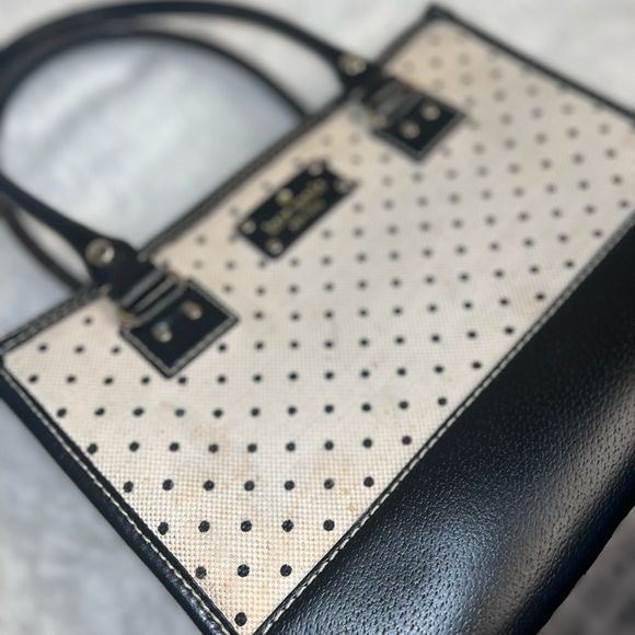 Kate spade Polka Dot Wellesley Quinn Black Khaki Canvas Leather Tote - Picture 3 of 16